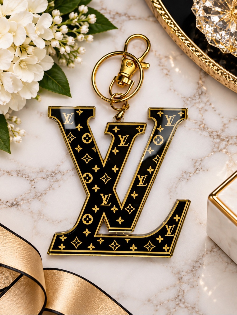 Handcrafted Black & Gold Monogram Acrylic Bag Charm Keychain